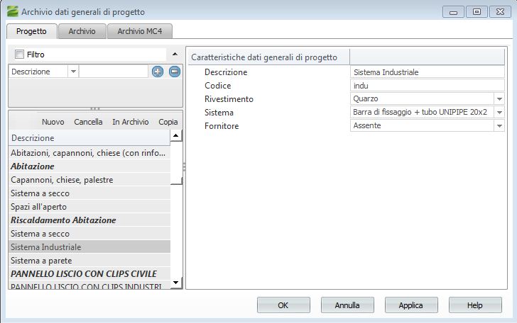 Archivio Sistemi Radianti - Dati di Progetto