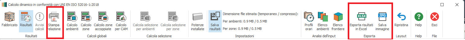 Barra dei comandi calcolo dinamico - esportazione